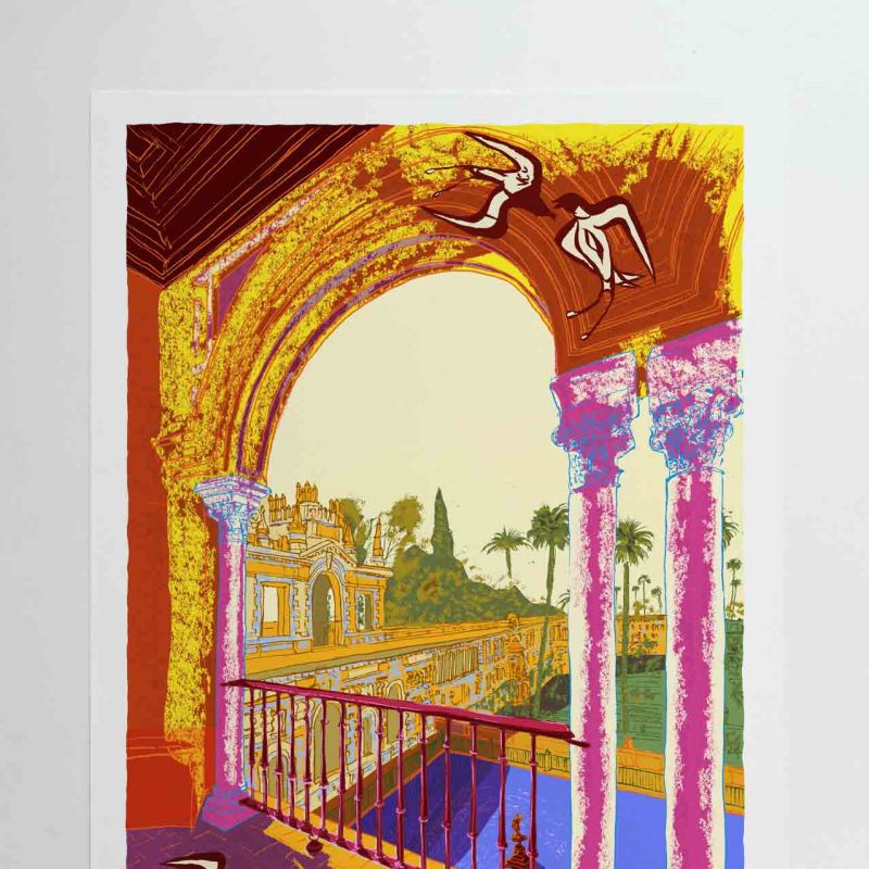From childhood, I have this vivid memory of climbing the steps of the Giralda Tower in Seville, looking up as swifts whirled above me at dizzying speed. That sensation stayed with me, and it’s what I wanted to recapture in this print—woven together with a more recent memory of visiting the Alcázar of Seville with my dad, when we walked along the ancient Almohad walls.