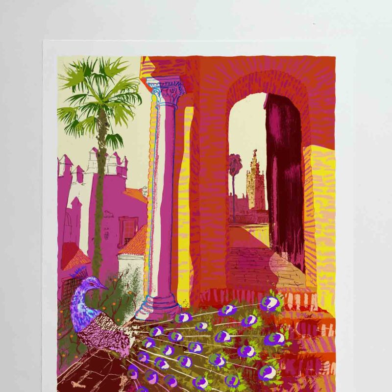 Basking in the summer sun, a peacock spreads its shimmering feathers. At the Alcázar de Sevilla, an arch frames the Giralda Tower — a landmark layered with Roman, Islamic, and Renaissance influences, shaped over centuries.  This print is more than just a view. It’s a memory from July 2025, when I visited with my dad and we wandered together along the ancient walls of the Alcázar Palace. That still, luminous moment stayed with me. I created this image to hold onto it — and to share it.