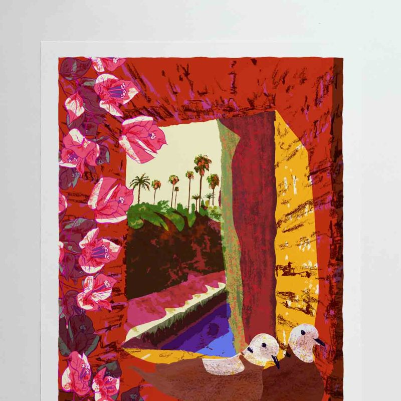 In July 2025, I visited my parents in Seville. Their courtyard overflows with Mediterranean plants — an exuberant bougainvillea and a graceful lemon tree among them. Most years, a pair of collared doves nest in its branches, tucked between leaves and ripening lemons.  One morning, my dad and I made a special visit to the Almohad walls of the Alcázar Palace. Above the Puerta de Marchena — named after the town where he was born — I noticed a window that sparked this piece.  My parents are an extraordinary couple, their love only growing stronger with time. The doves in my print are, of course, my mom and dad.