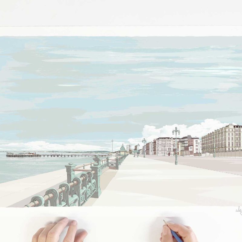 The Seafront at Kemptown Brighton Pebble Beach. View of Brighton and Hove from the elevated cliffs of Kemptown along Marine Parade. This stretch of seafront is a distinctive part of Brighton’s renowned pebble beach, framed by colourful beach huts, historic architecture on Marine Parade, and expansive views over the English Channel.