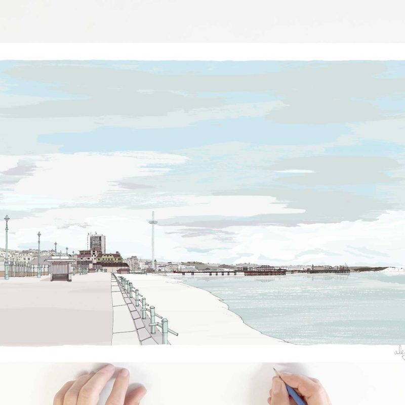 The Seafront at Hove Brighton Pebble Beach. This print captures the iconic Brighton seafront, looking east from the end of the Western Lawns beside the Hove Deep Sea Anglers Club. On a clear day, the vista stretches nearly twenty miles towards Seaford Head, the striking chalk cliffs that form part of the South Downs National Park.