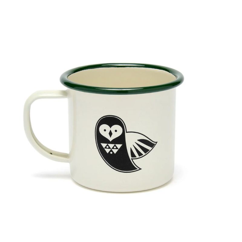 An enamel mug with an owl on