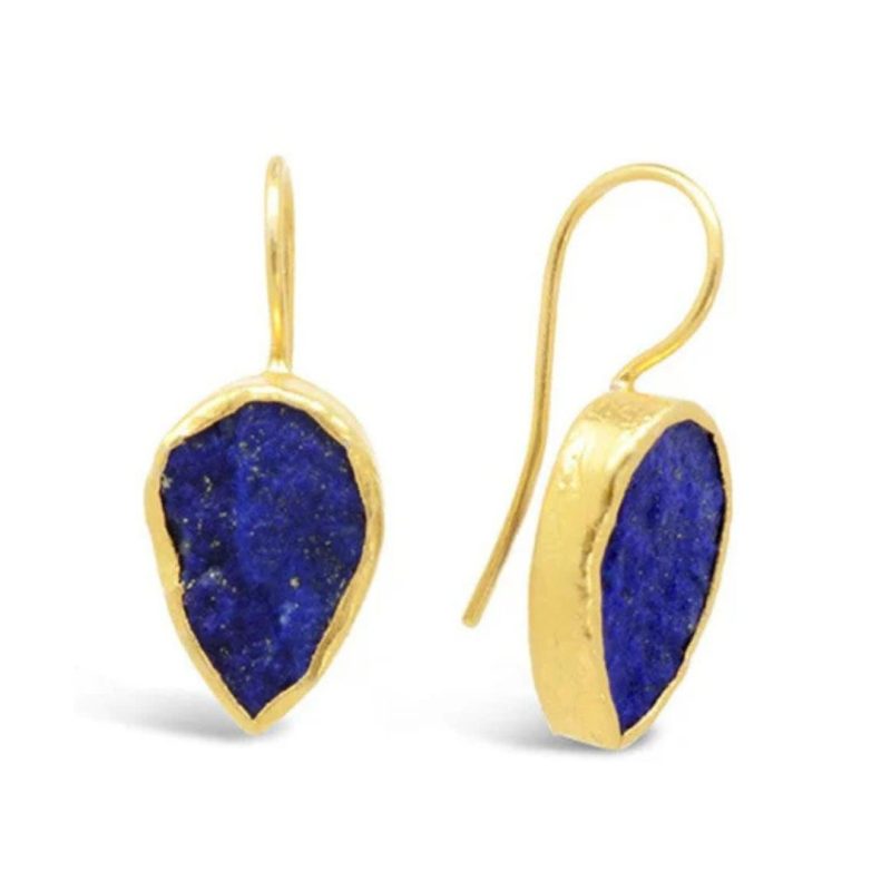 Earrings consisting of upside-down teardrop shaped blue lapis lazuli stones with flecks of gold iron pyrites, set in rough gold surrounds with hook wires attached