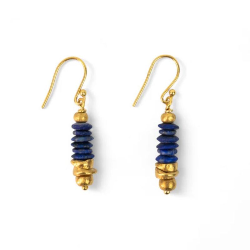 Dangly yellow gold earrings with discs of blue Lapis Lazuli and gold
