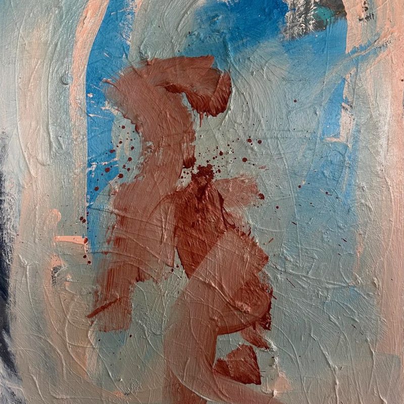 A brown figure floating on a pink pale blue background.