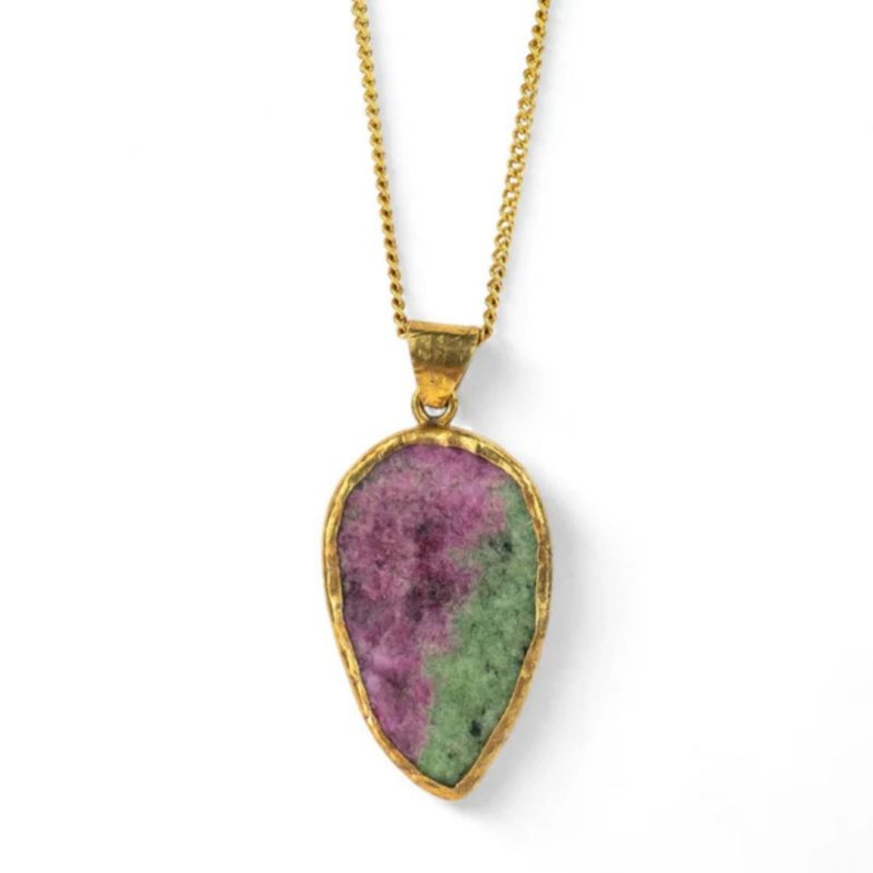 A Pendant consisting of an upside-down teardrop shaped green and pink-red ruby zoisite stone, set in a rough gold surround