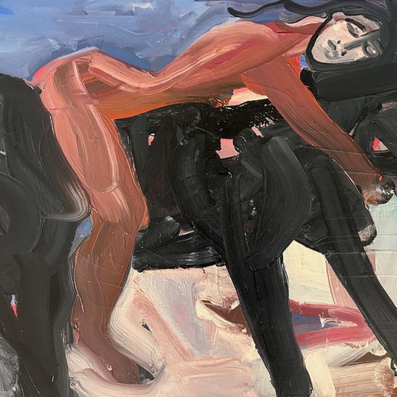 A naked woman clasping a black horse. 