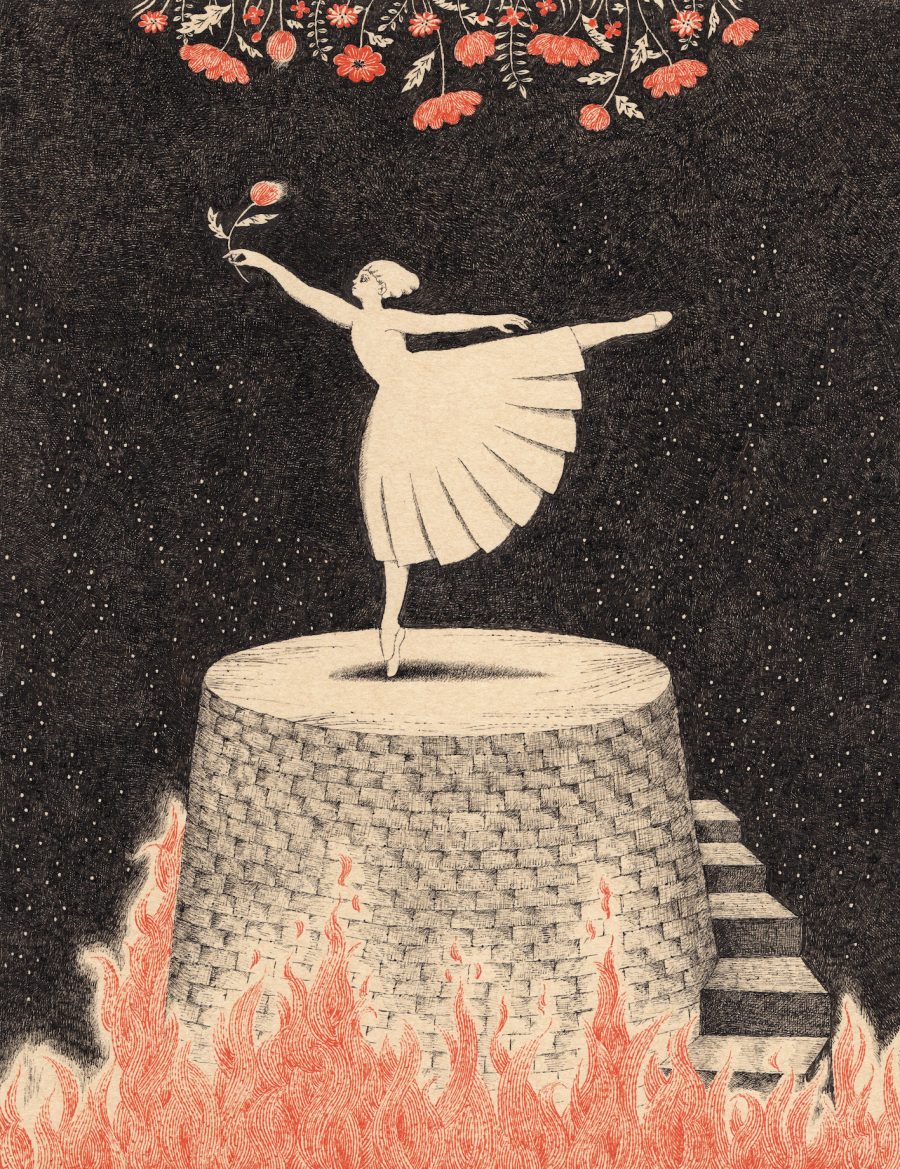 A girl holiding a flower, standing on the brick plinth surrounded by fire, drawn with black and orange calligraphy ink on kraft paper 