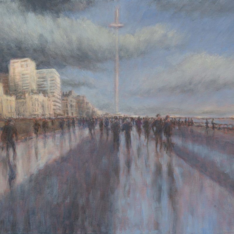 Oil painting. Wide view of Hove promenade with the i360 tower in the centre, Embassy Court to the left, the beach and sea horizon to the right, people walking reflected in the wet pavement 