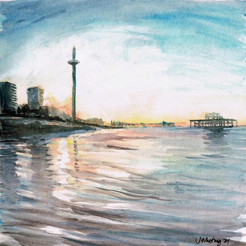 Ink line sketch with coloured ink wash, view east at low tide on the sand at Hove.