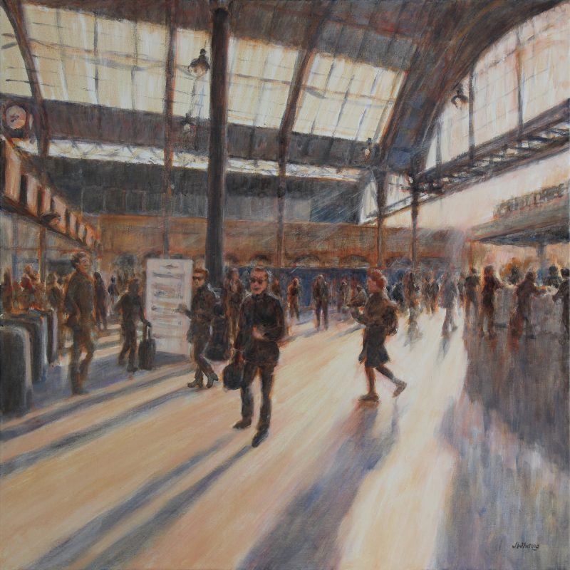 Oil painting, Brighton Station concourse, morning sunlight streams through the roof structure, people hurrying, long shadows