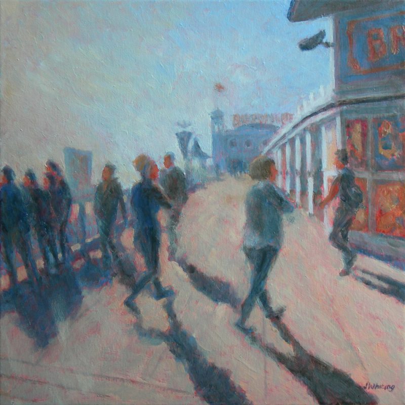 Oil painting, at the entrance to the Palace Pier, morning sunshine, day trippers enjoying the views.