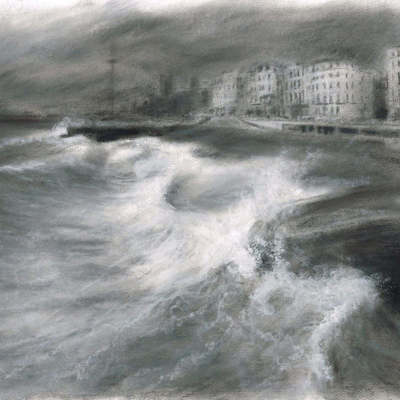Monochrome pastel drawing, standing on the Pier looking west, high tide, big swell, windy day