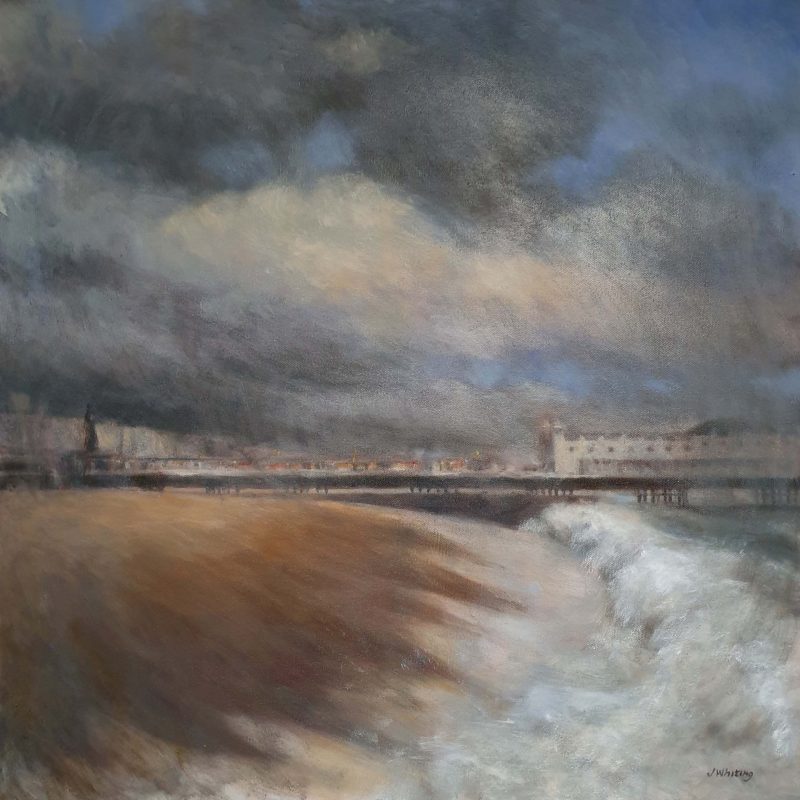 Oil painting. The Palace Pier viewed from the 'Doughnut Breakwater', waves crashing on the shore