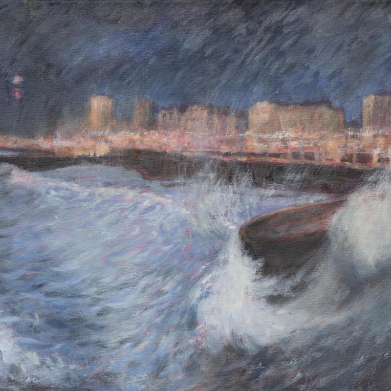 Oil painting. Wide view of Brighton beach from the Palace Pier looking west at night, high tide, big waves rolling in, sea spray, the glow of street lights.