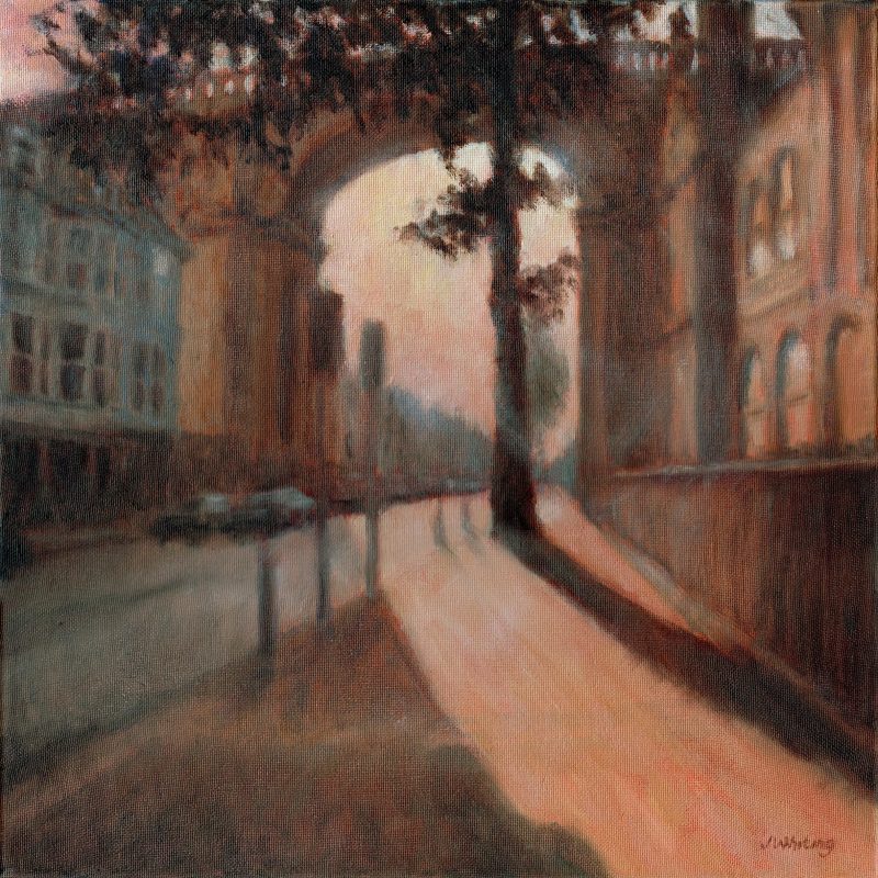 Oil painting, warm sunlight streams under the railway viaduct on Preston Road.