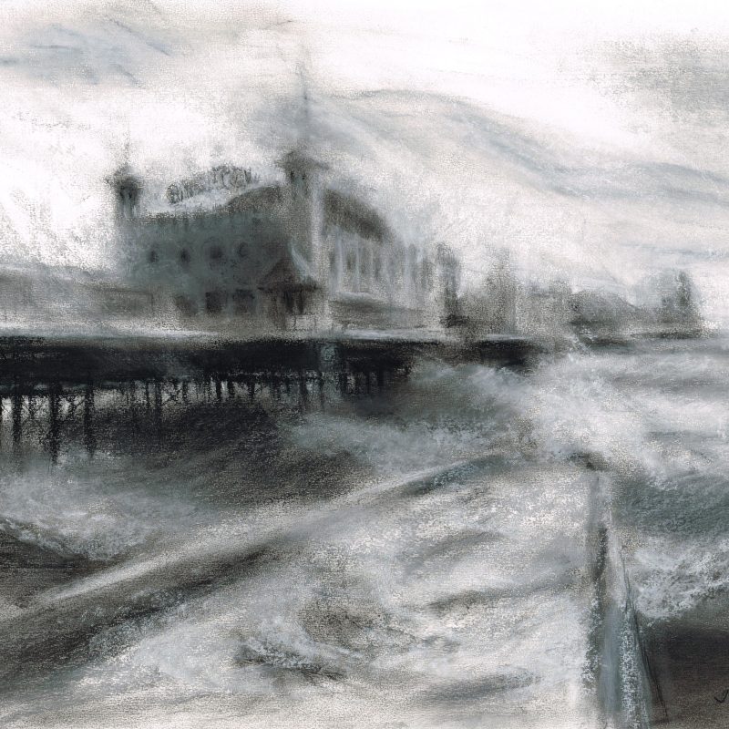 Monochrome pastel drawing, the Palace Pier viewed from the promenade, high tide, big swell, windy day