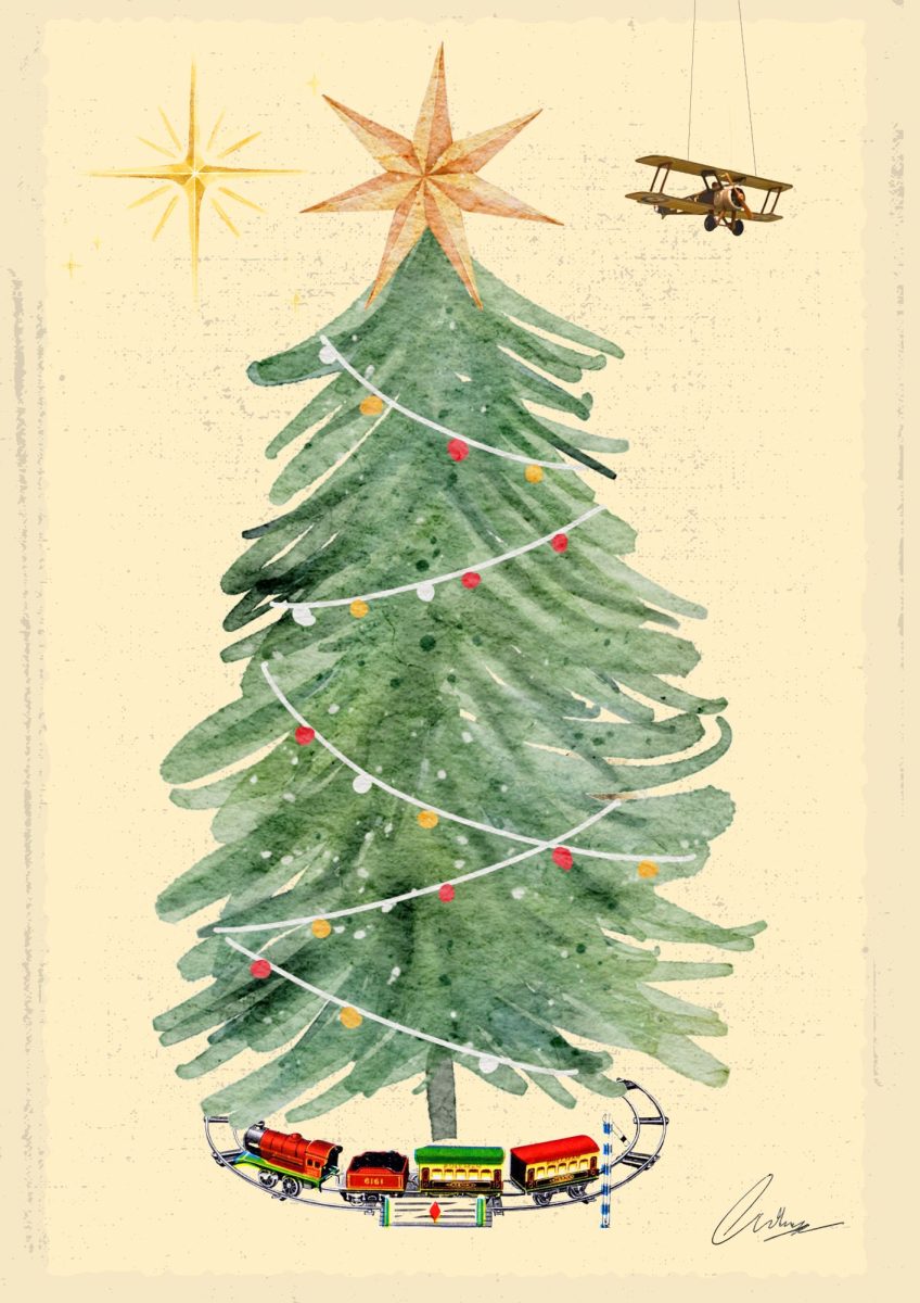 A watercolour-style painting of a decorated Christmas tree with strings of red, yellow, and white lights. A golden star shines at the top, while a toy train runs around the base of the tree. In the corner above, a small vintage toy aeroplane hangs from a string.