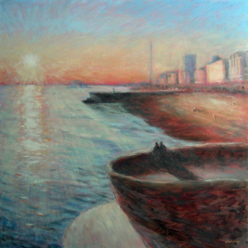 Oil painting of sunset over Brighton beach, viewed from the Palace Pier.