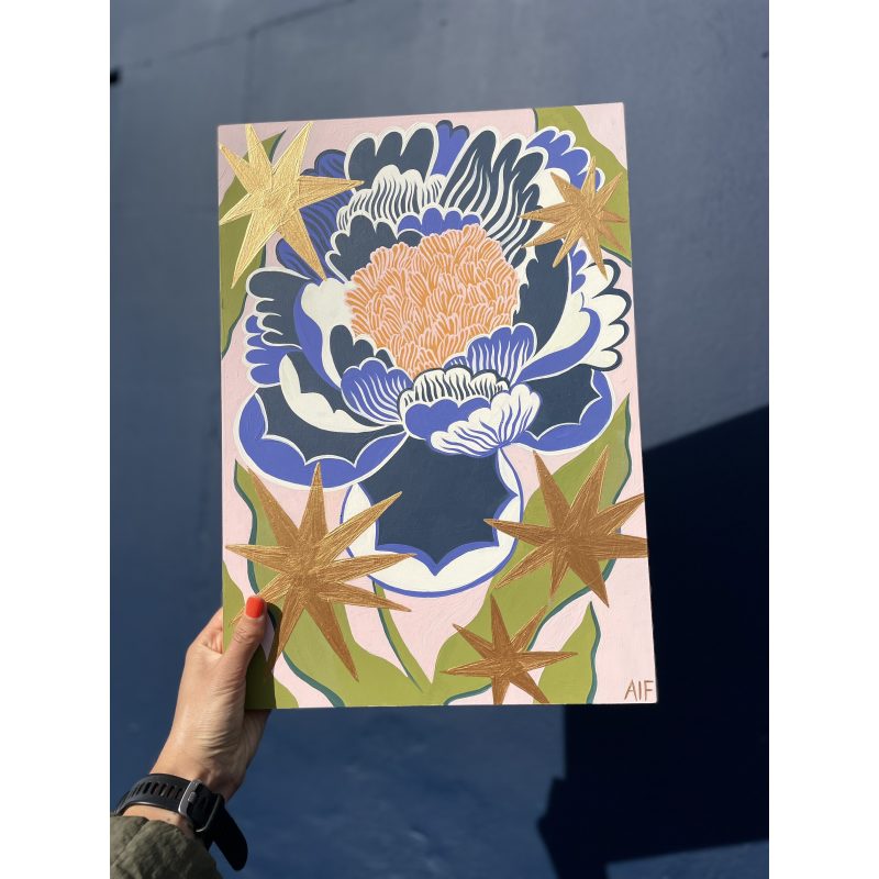 Colourful, stylised painting of a peony with gold stars around it. 