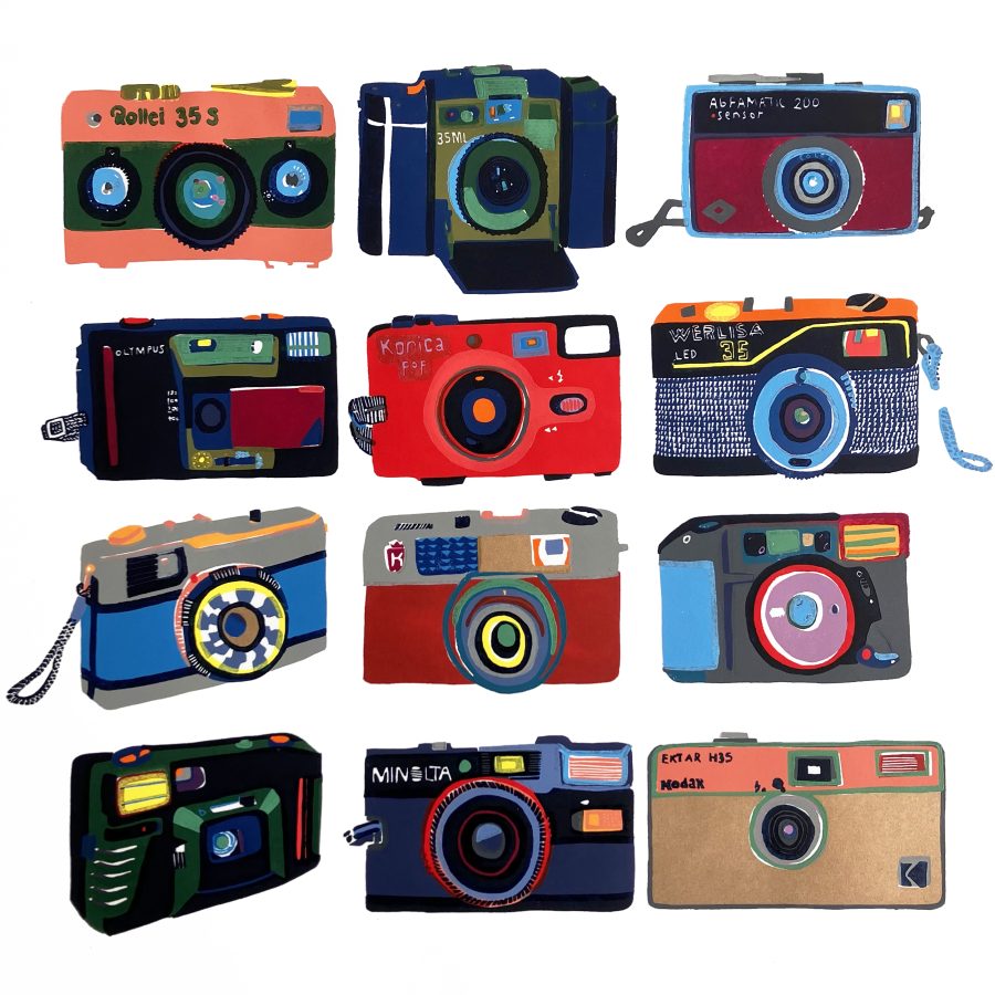 A bold colourful linocut print of twelve compact cameras in a grid layout