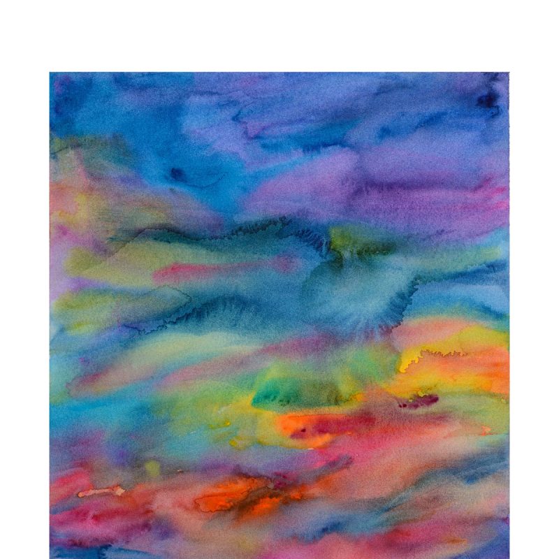 A vibrant watercolour painting in shades of vivid blue and sunset colours, the wet paint blooms into the painted background giving an effect of clouds.