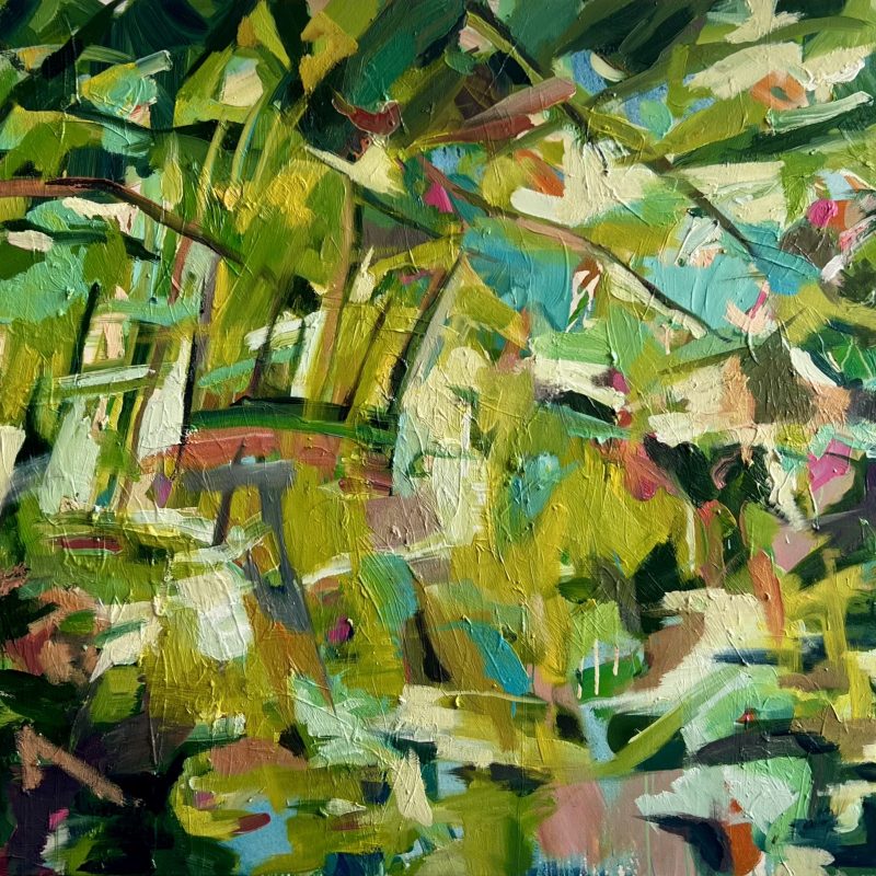 A big riverscape expressionist painting of the River Exe in Somerset.  Colours of yellows and greens