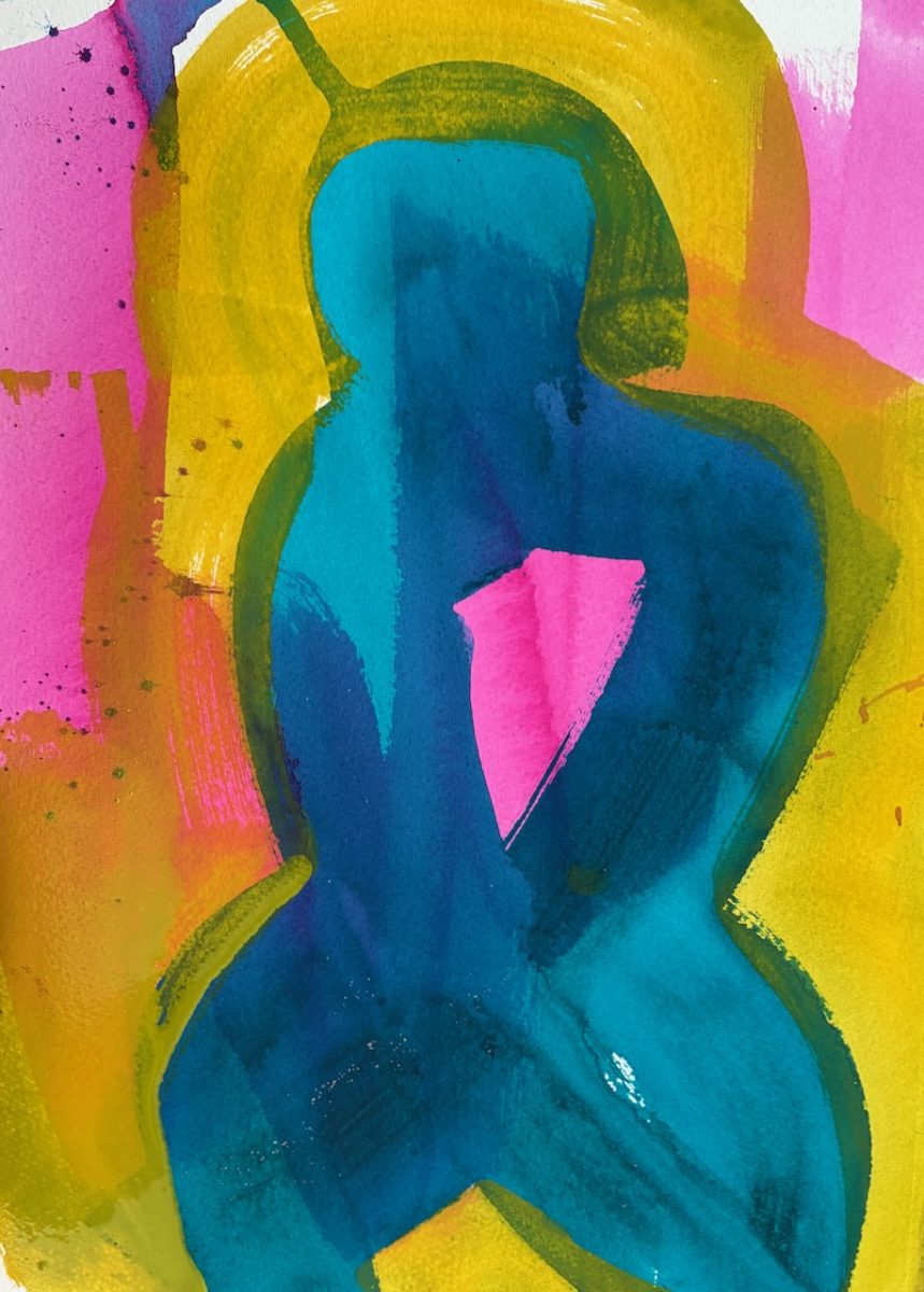 A bright blue figure clasps its hands against a yellow and magenta pink coloured ground.
