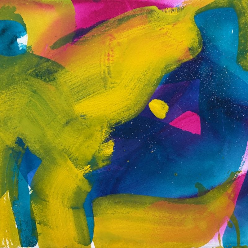 Two figures in blue on a yellow, pink background.