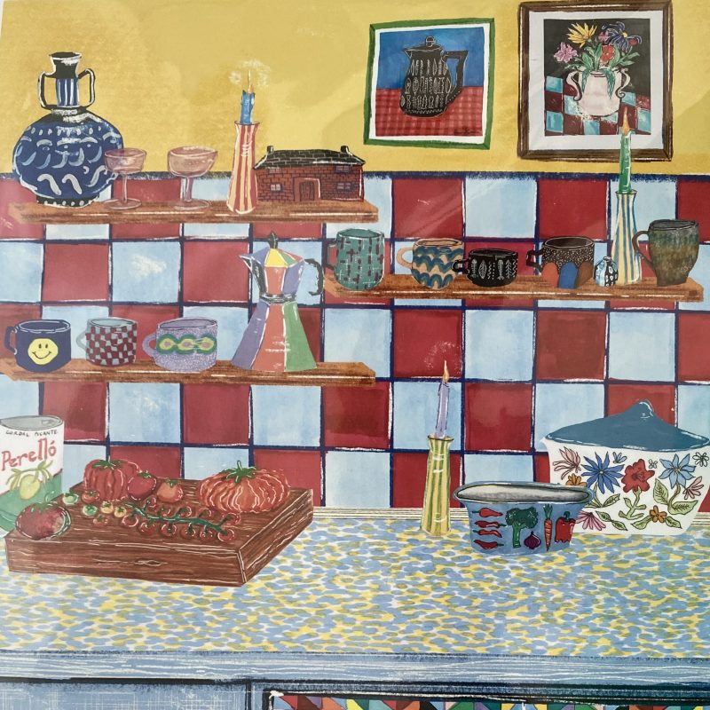 Illustration of kitchen with details of surface pattern and food and cooking equiptment