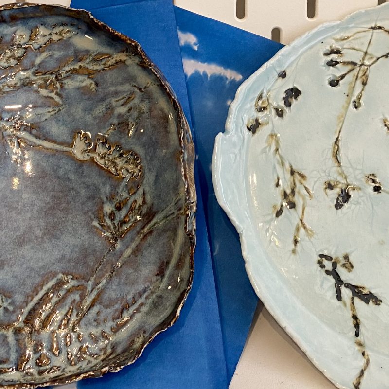 Two glazed ceramic plates using plant imprints 
