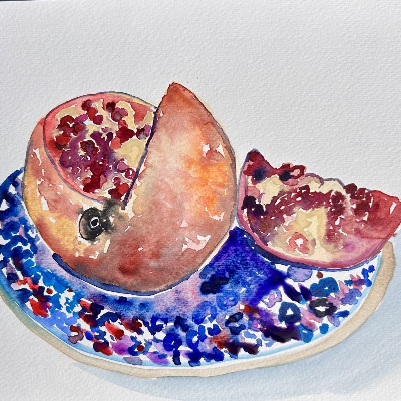 blues and reds of pomegranate on a plate