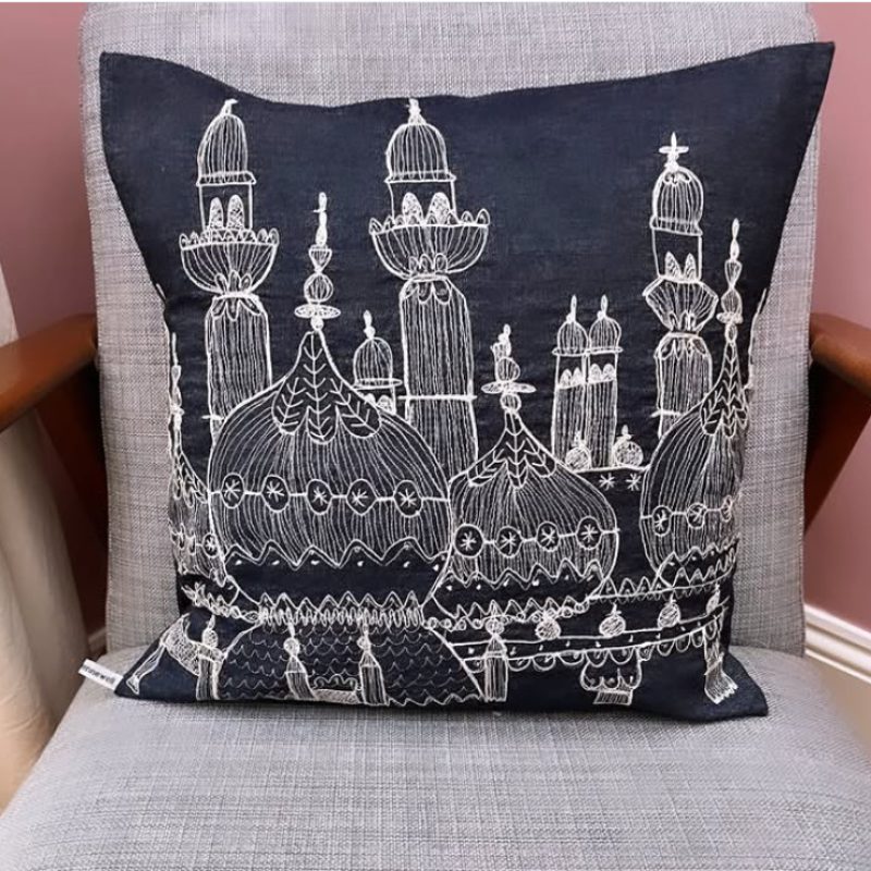 Blue linen cushion with white embroidered image of Brightons royal pavillion.
