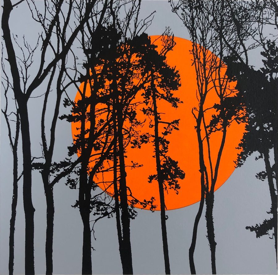 Original print of winter trees silhouetted against a deep orange sun