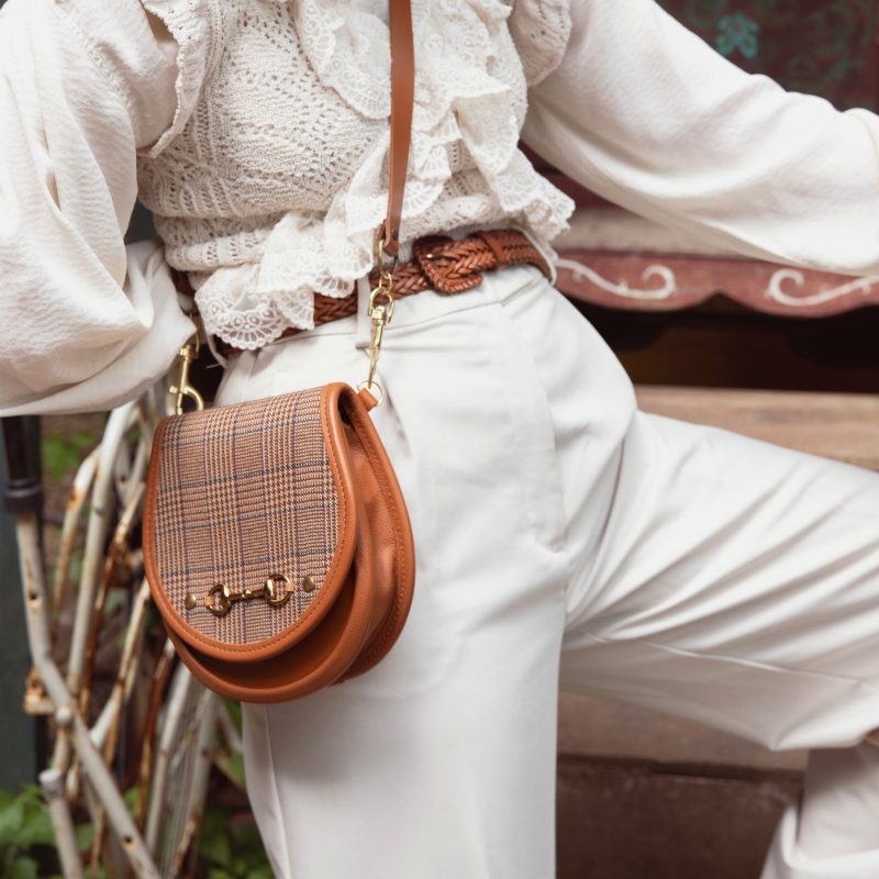 Tan Leather and Checked Tweed Cross body Bag with Equestrian Buckle detail on the front