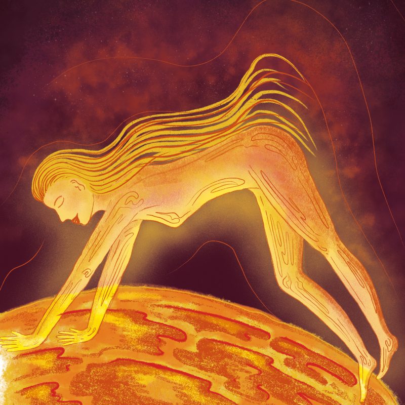 Female figure depicted as a sun flare with the cosmos behind her