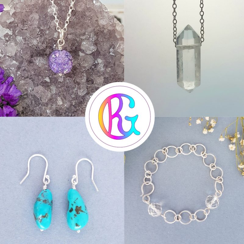 Four images collaged together of silver jewellery, two with crystal pendants, one pair of earrings with turquoise stones and one bracelt made with circle links.