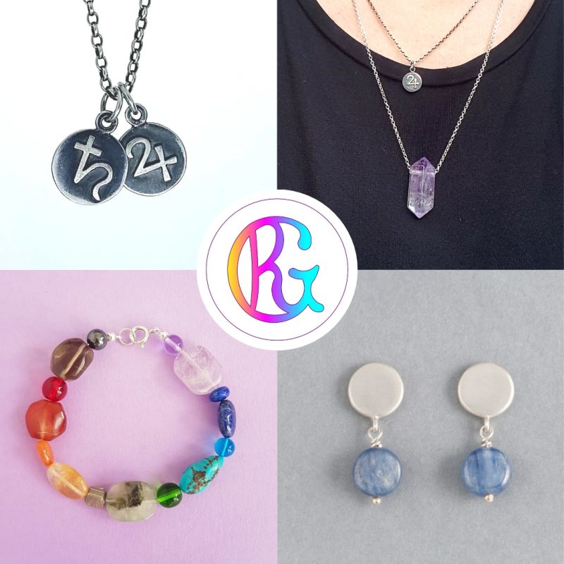 4 images of silver jewellery with colourful crystals and gemstones