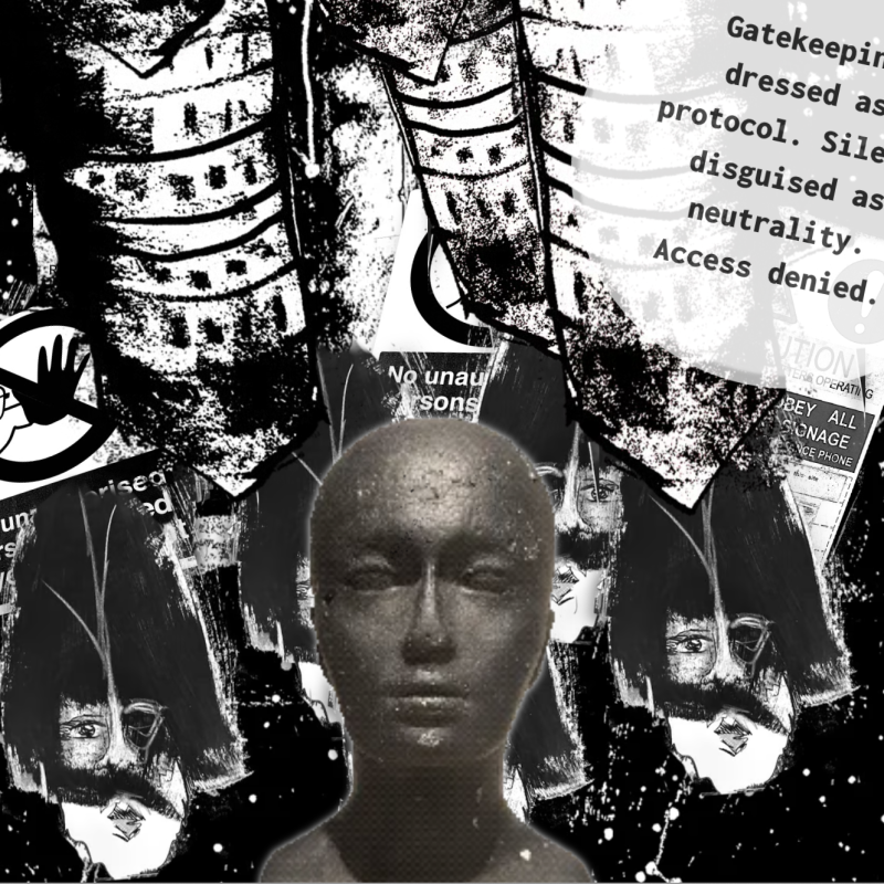 The image is a screenshot of a moment in the digital installation 'Glitch' by Caroline Beavon. The image is a collage of black and white elements, including a mannequin head, sketched faces, and text about gatekeeping and access denial. 