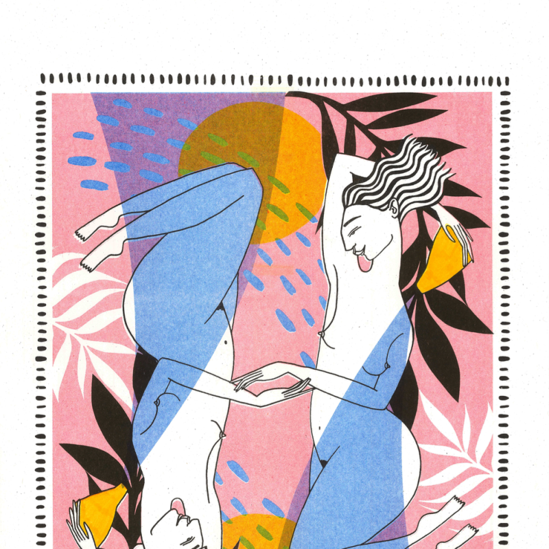 illustrative print of two naked women and patterns 
