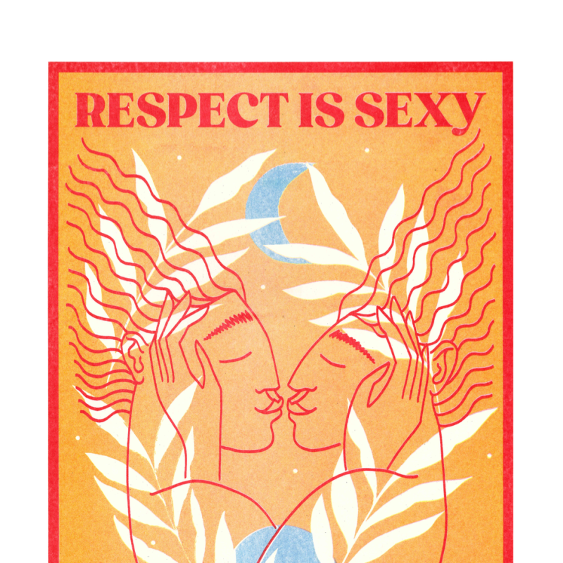 orange poster print showing a linear drawing of two women kissing and the words 'respect is sexy'