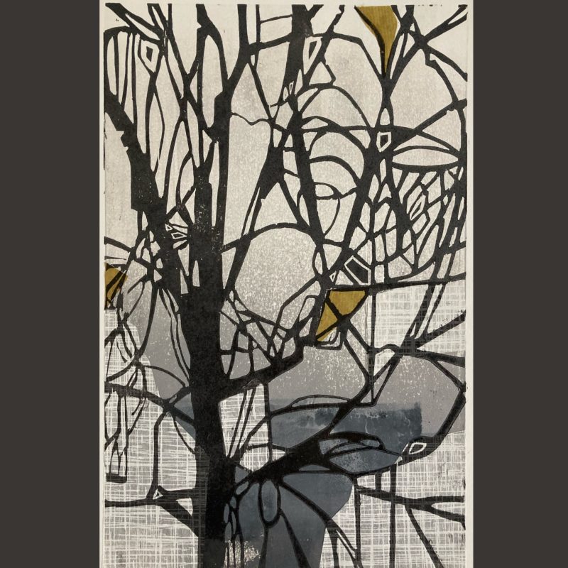 Woodcut and collage of winter trees