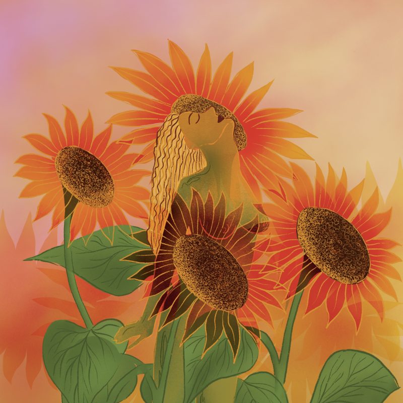 Woman blended with growing sunflowers looking up to the sun