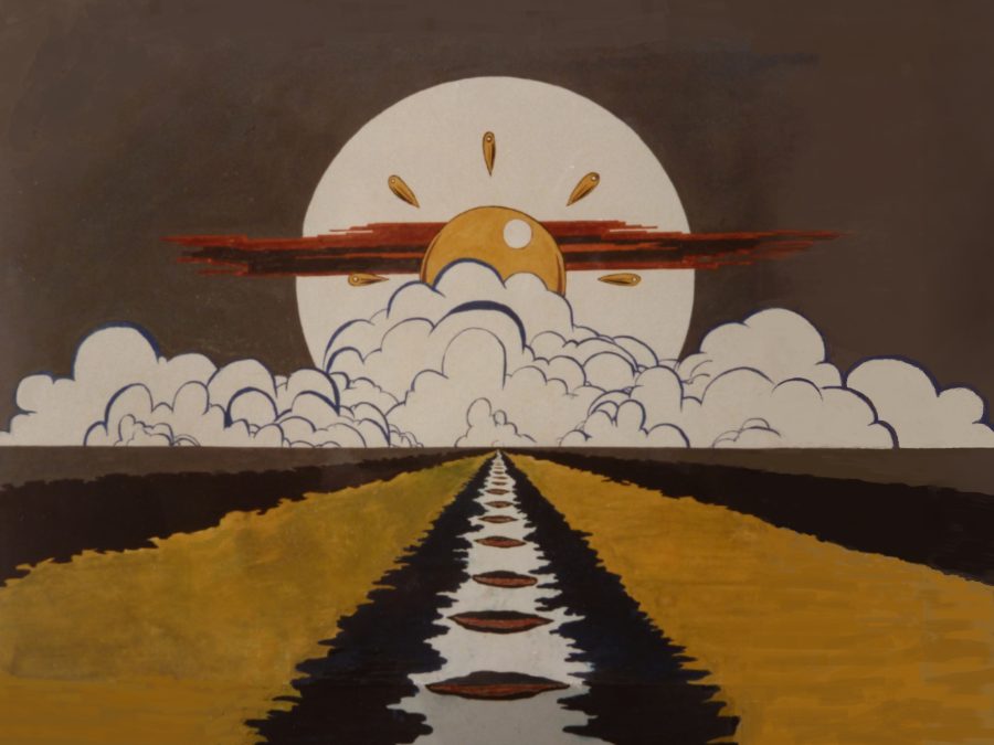 Psychedlic sunset painted on west facing wall of the artist's bedroom in 1969 and long since painted over.