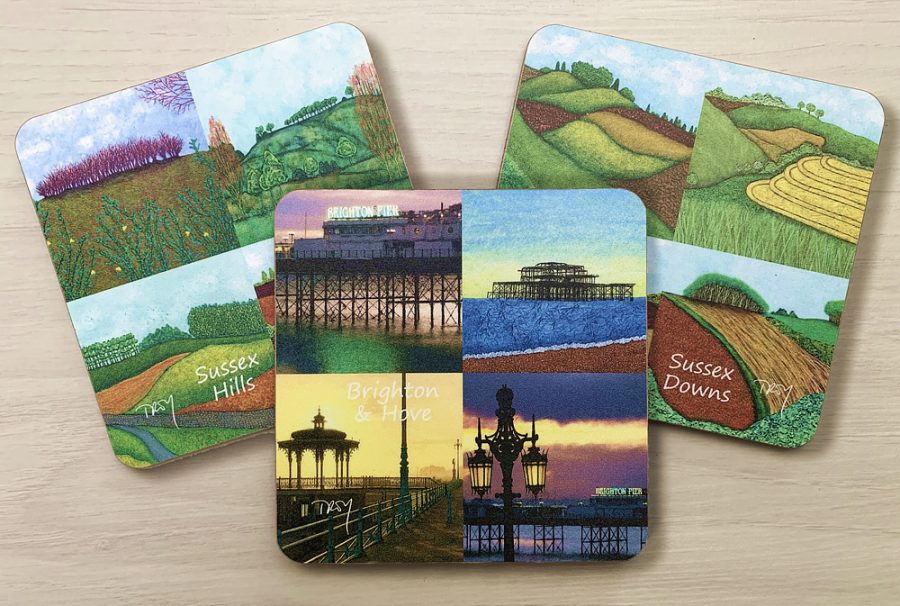Colourful vibrant coasters and tea towels of Brighton and Hove and the beautiful Sussex Downs created from Troy's Original Art