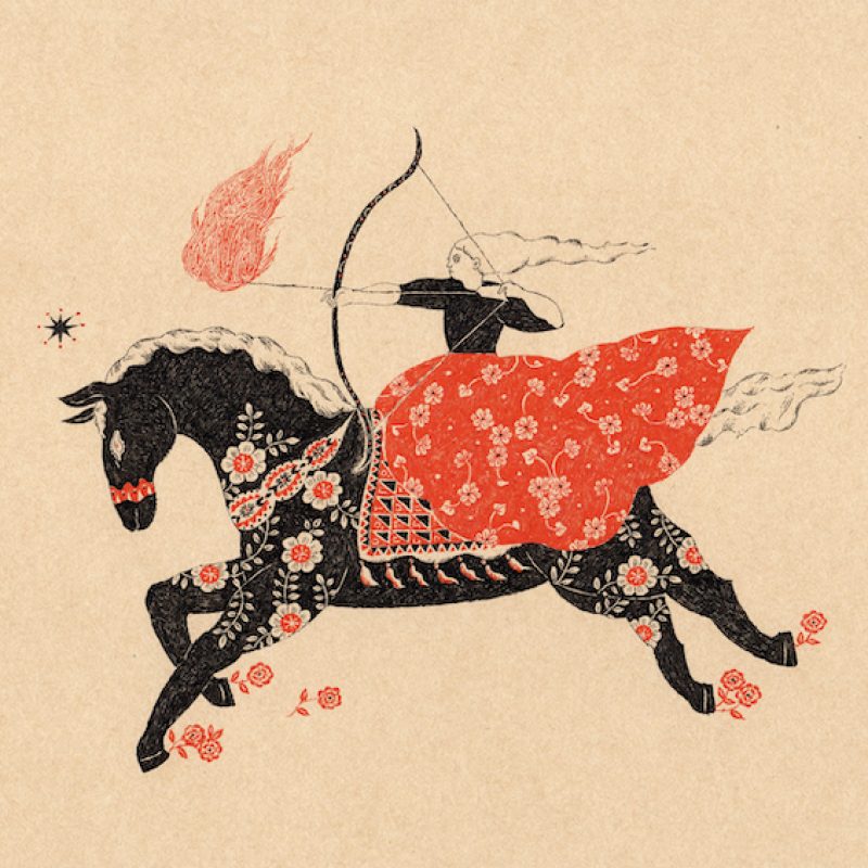 A girl riding on a black horse shooting arrow with fire