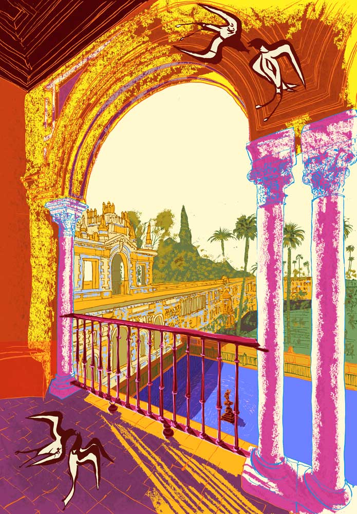 From childhood, I have this vivid memory of climbing the steps of the Giralda Tower in Seville, looking up as swifts whirled above me at dizzying speed. That sensation stayed with me, and it’s what I wanted to recapture in this print—woven together with a more recent memory of visiting the Alcázar of Seville with my dad, when we walked along the ancient Almohad walls.