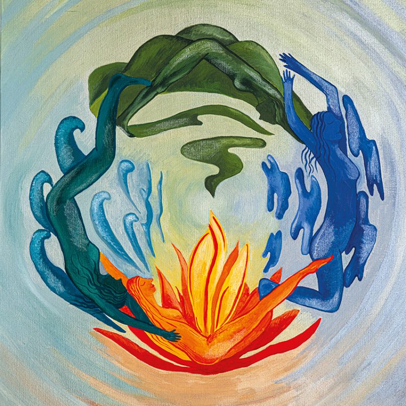 Four women joined together in a circle floating in the ether