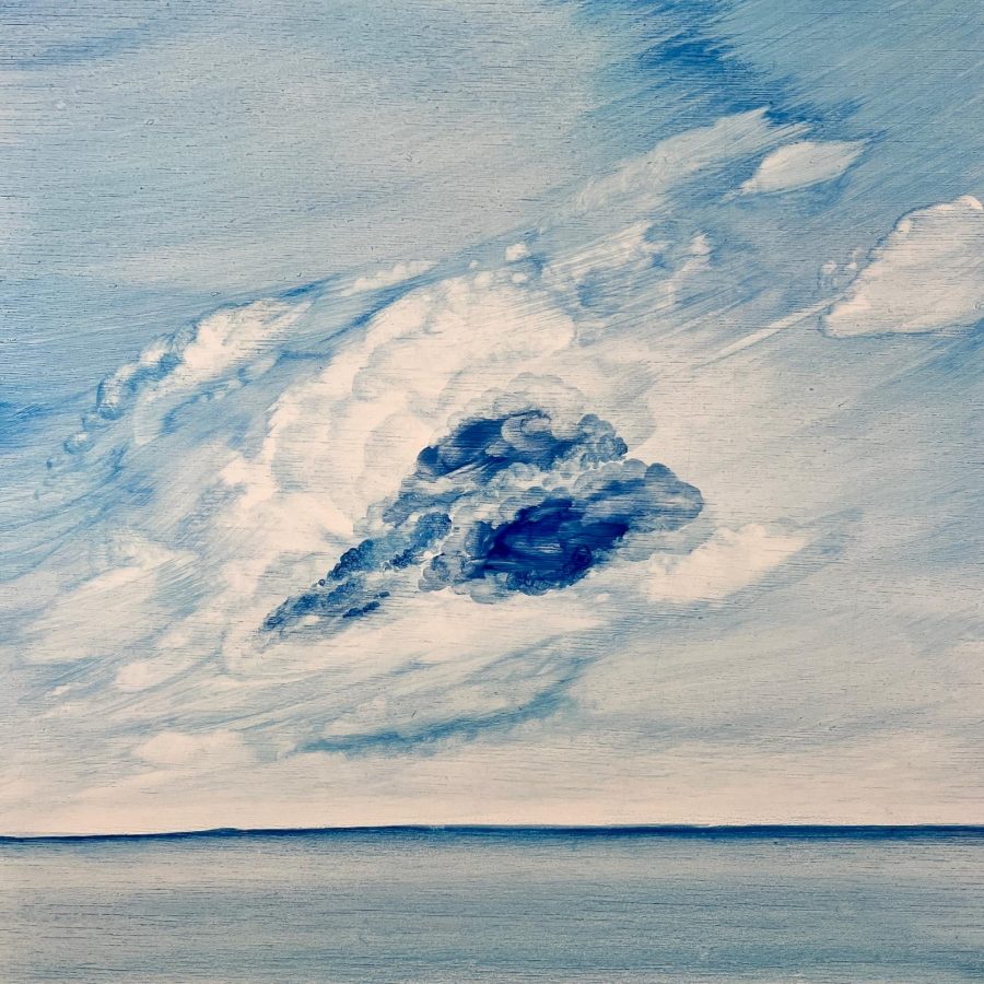 Painting of fluffy white cloud over a blue sea.