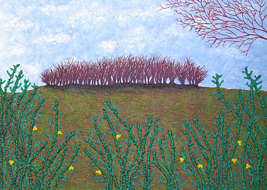 A textural and atmospheric colourful Original Painting and Collage of the iconic stand of trees which sits proudly atop Devil's Dyke in the South Downs National Park